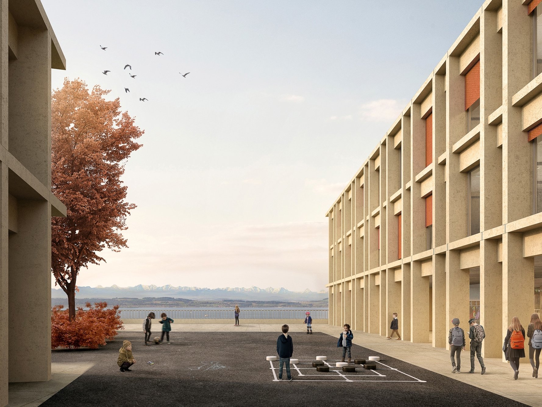 Photomontage du futur collège d'Hauterive: point de vue depuis le préau.