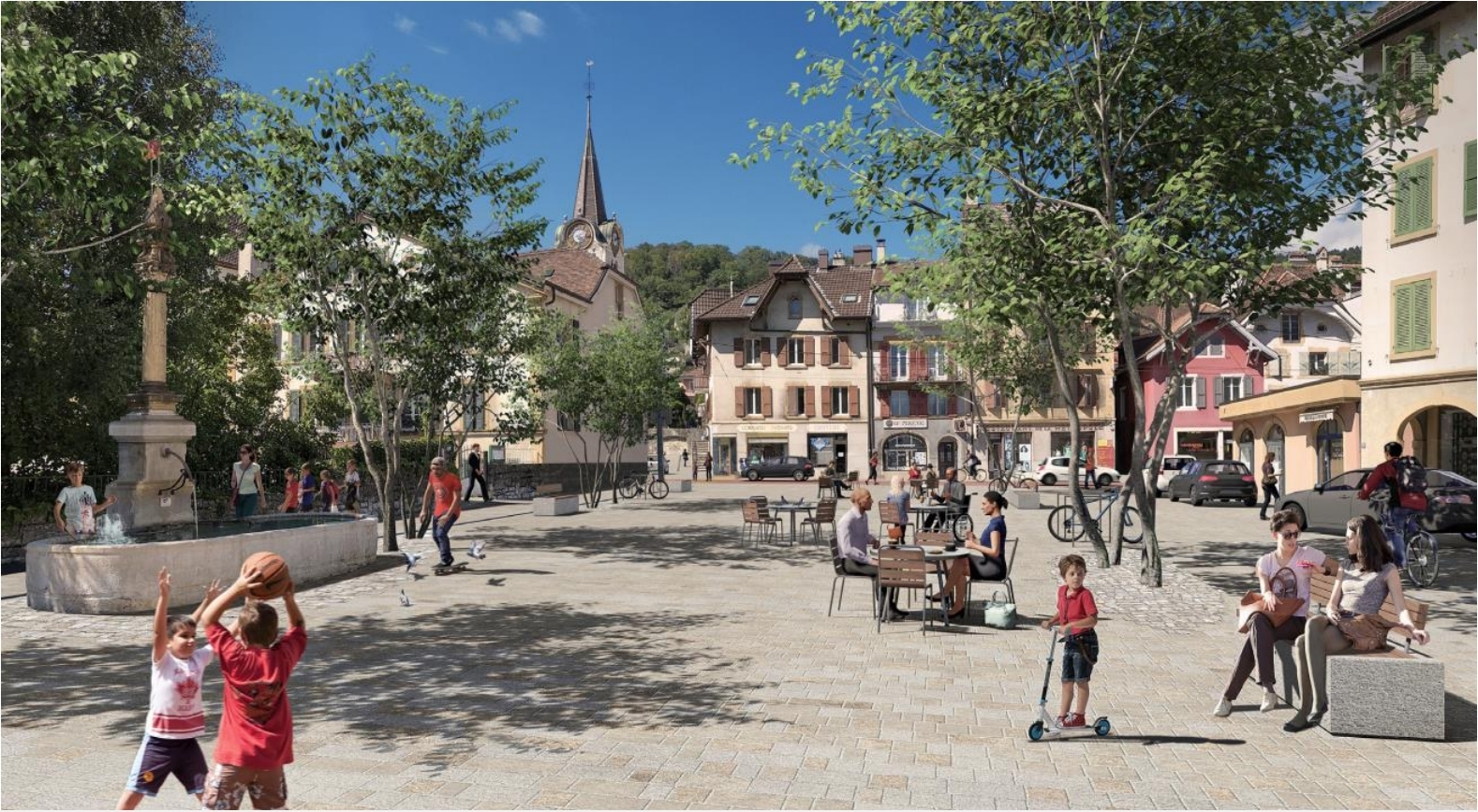 Le projet de réaménagement de la place de la Fontaine à Peseux.
