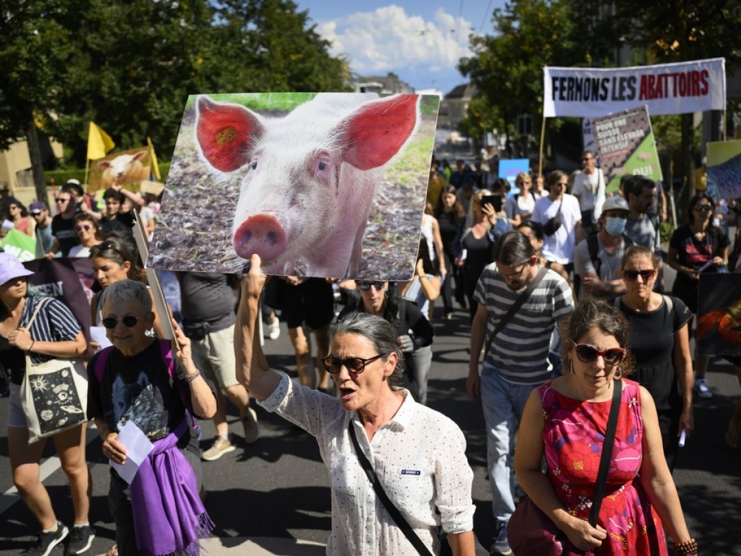 Des militants antispécistes tiennent des banderoles et des affiches lors d'une marche pour la 8e Journée mondiale pour la fin du spécisme (WoDES), à Lausanne, samedi 27 août 2022.