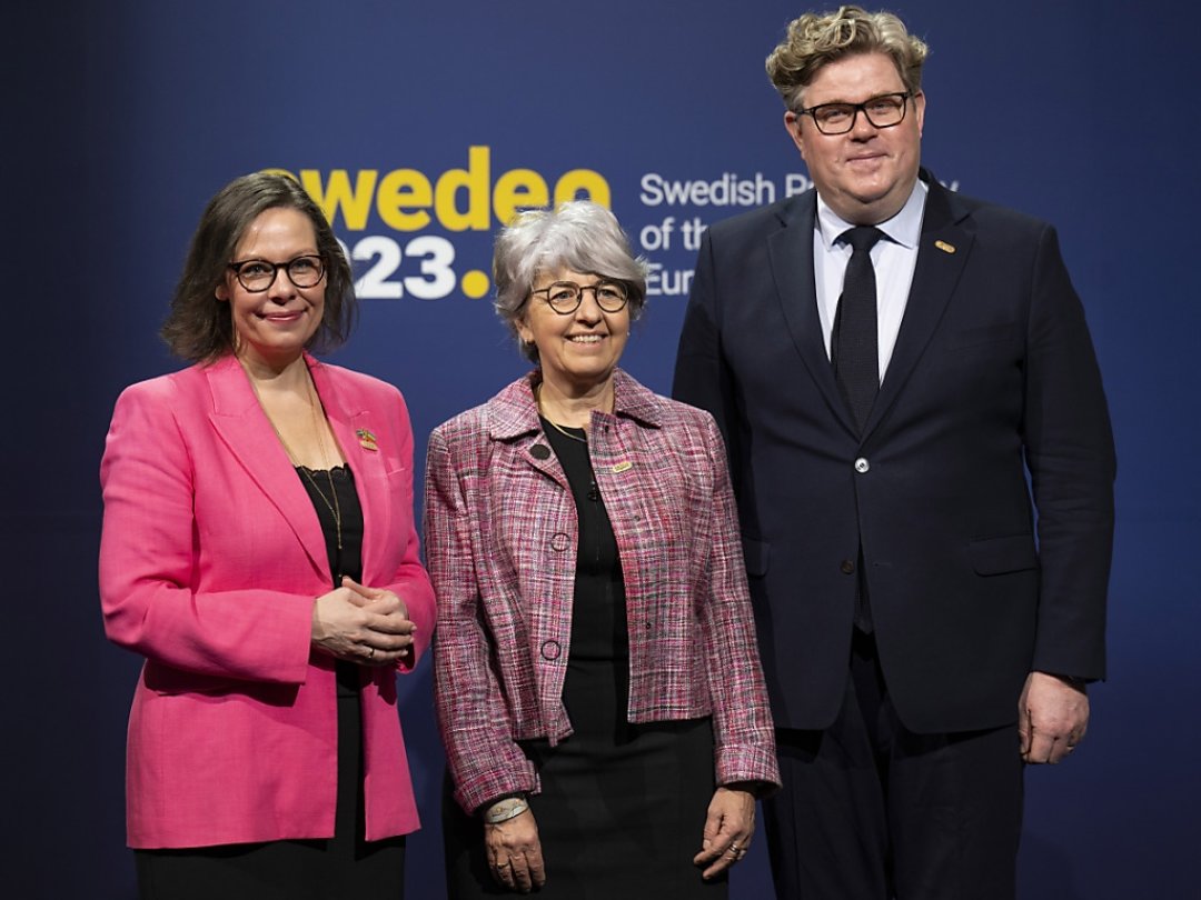 Elisabeth Baume-Schneider (au centre) représente la Suisse pour la première fois jeudi à Stockholm lors d'une réunion des ministres de l'intérieur de l'UE.