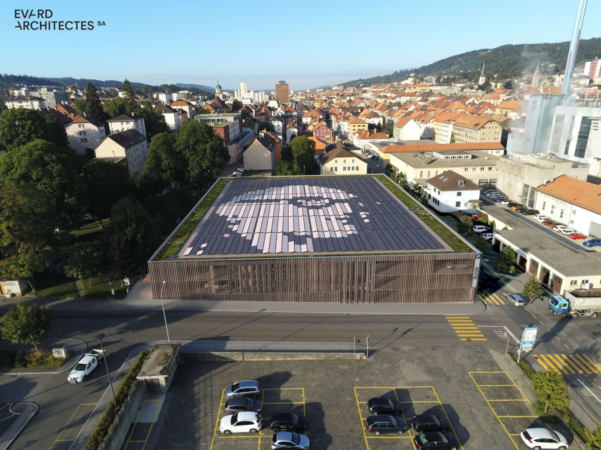 Outre ses façades bois, le parking sera équipé de 3000 m2 de panneaux solaires