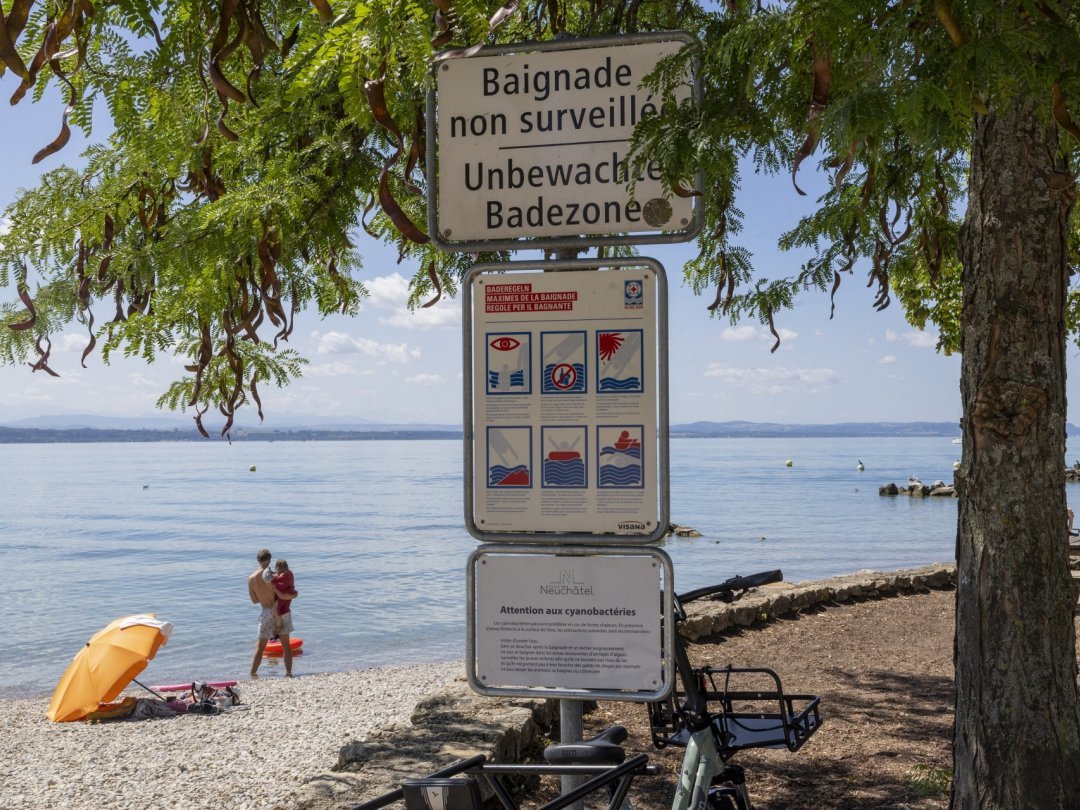 La plage des Jeunes-Rives, à Neuchâtel, avec ses panneaux de mise en garde.