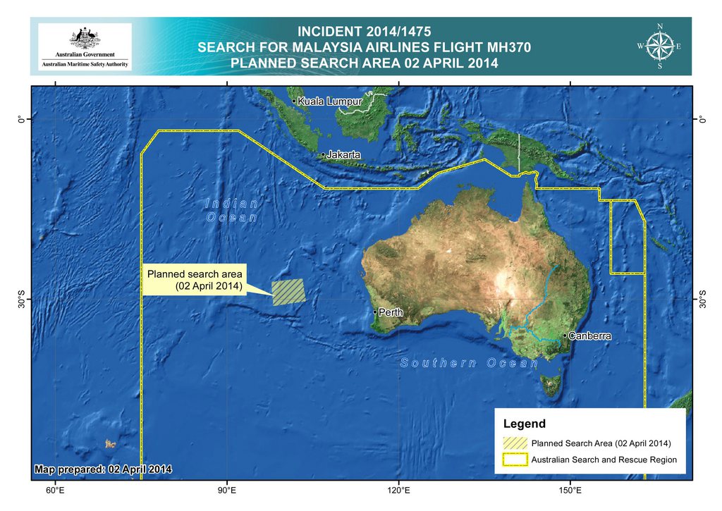 epa04150394 A handout image released by the Australian Maritime Safety Authority (AMSA) in Canberra, Australia, 02 April 2014, shows the search area in the Indian Ocean, West of Australia, where ten planes and nine ships are searching again for the missing Malaysian Airlines flight MH370 on 02 April 2014. A British nuclear submarine is set to join the search in the Indian Ocean for the missing Malaysian flight MH370. The submarine HMS Tireless is in the southern Indian Ocean and will join up with the British navy survey vessel HMS Echo. Both ships carry advanced underwater search capabilities and will hunt for the electronic ping emitted by the plane?s black box.  EPA/AMSA  HANDOUT EDITORIAL USE ONLY/NO SALES HANDOUT EDITORIAL USE ONLY/NO SALES
