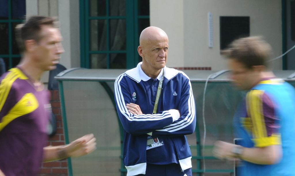 UEFA head of refereeing Pierluigi Collina, center,  watches a referees training session at the Euro 2012 soccer championship in Warsaw, Poland, Wednesday, June 20, 2012. (AP Photo/Alik Keplicz).
