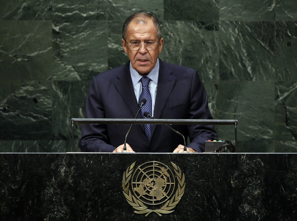 Le ministre russe des Affaires étrangères Sergueï Lavrov délivre son discours à la tribune de l'ONU. L'engagement militaire des Américains dans le monde n'est pas de son goût. 