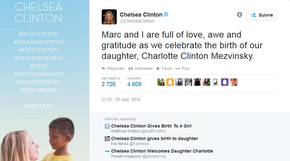 Marc et moi-même sommes pleins d'amour, d'admiration et de gratitude au moment où nous célébrons la naissance de notre fille, a posté Chelsea Clinton.