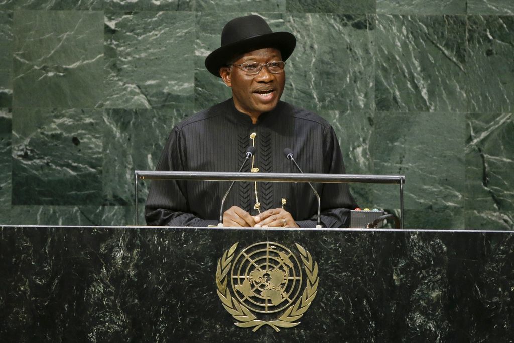 President of Nigeria, Dr. Goodluck Jonathan, addresses the 69th session of the United Nations General Assembly Wednesday, Sept. 24, 2014, at U.N. headquarters. (AP Photo/Frank Franklin II)