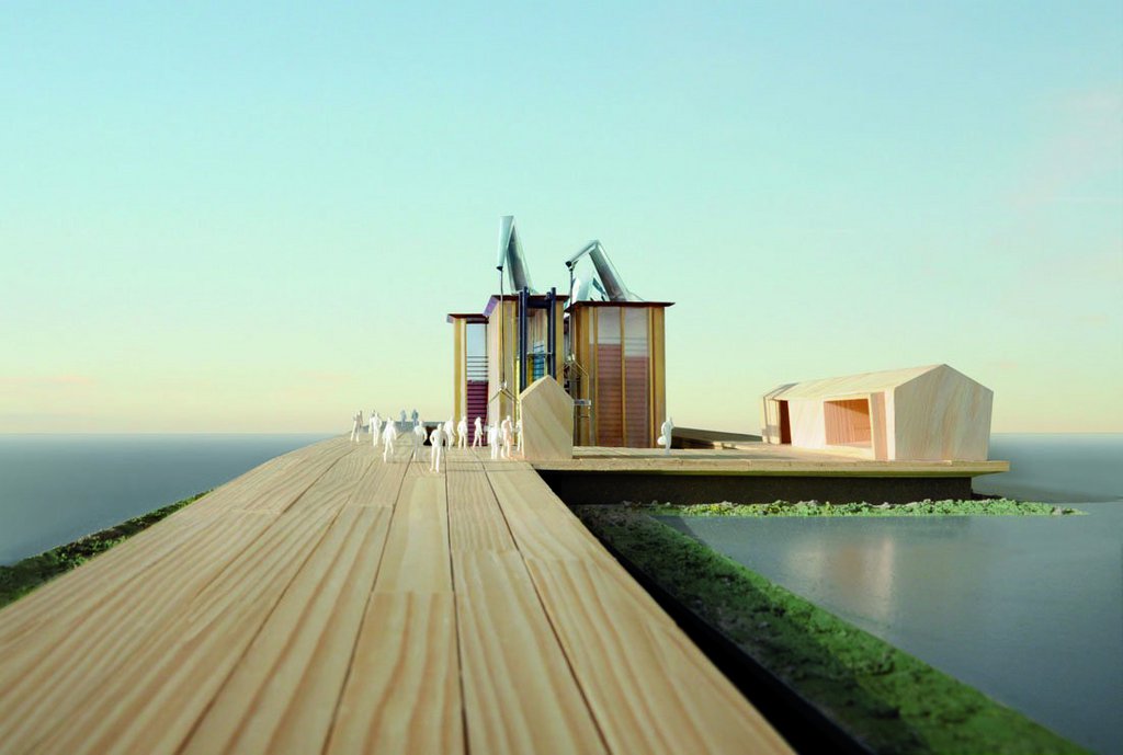 D'une surface de 4432 m2, le Pavillon suisse sera constitué d'une grande plate-forme ouverte avec quatre tours visibles de loin. Elles seront remplies d'eau, de sel, de café et de pommes.