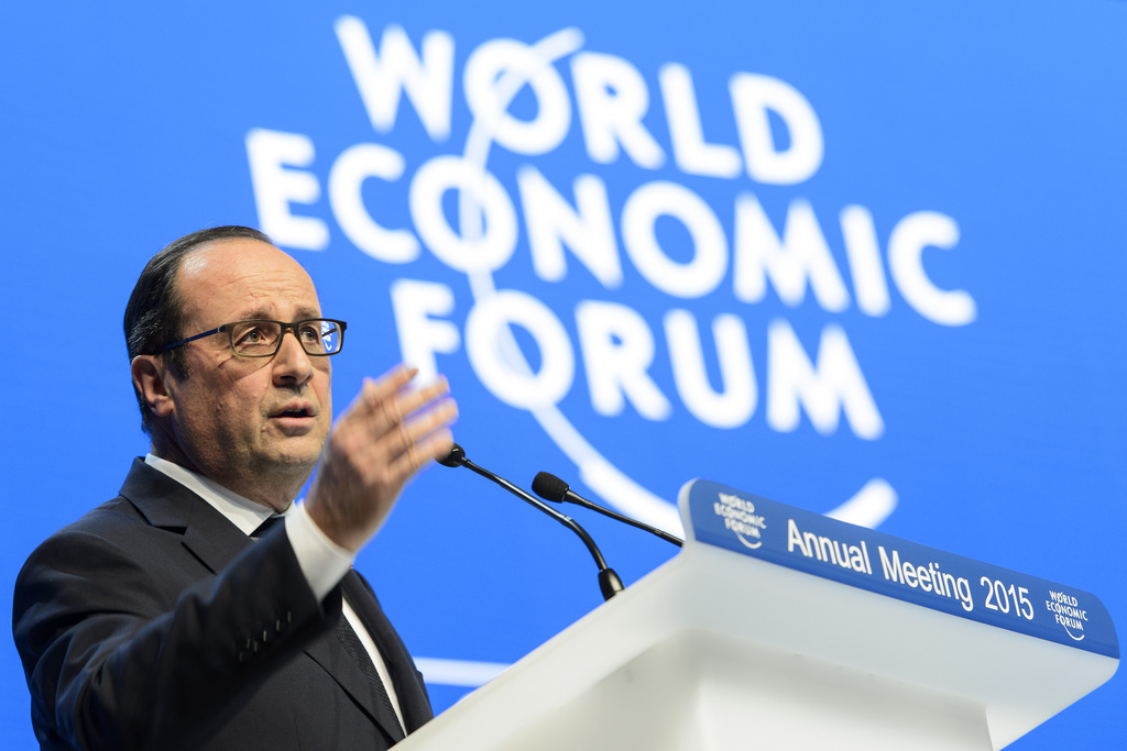 French President Francois Hollande speaks during a panel session at the 45th Annual Meeting of the World Economic Forum, WEF, in Davos, Switzerland, Friday, January 23, 2015. The overarching theme of the Meeting, which takes place from 21 to 24 January, is "The New Global Context". (KEYSTONE/Jean-Christophe Bott)