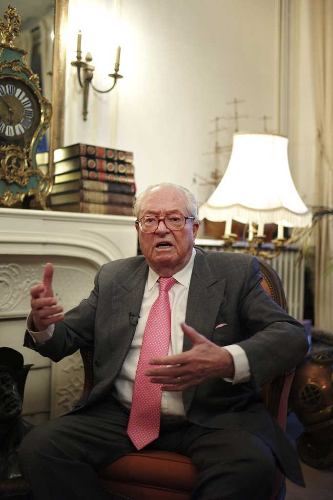 This photo dated Monday Dec. 1, 2014, shows French far-right Front National former leader Jean Marie Le Pen during an interview with Associated Press, in Saint Cloud, west of Paris, Monday, Dec. 1, 2014.  The 86-year old Jean-Marie Le Pen, now honorary president of the party led by his daughter Marine Le Pen, displays a unified front for the party, but Jean-Marie Le Pen is rankled over the prospect that the party may change its name and other issues need settling before Maine can aim for her dream job as president of France in 2017.   (AP Photo/Thibault Camus)
