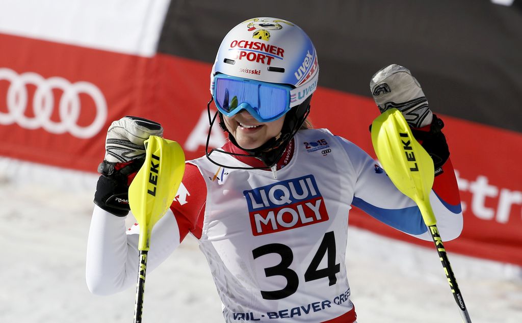 Switzerland's Charlotte Chable reacts after her run during the women?s slalom competition at the Alpine skiing world championships on Saturday, Feb. 14, 2015, in Beaver Creek, Colo. (AP Photo/John Locher)