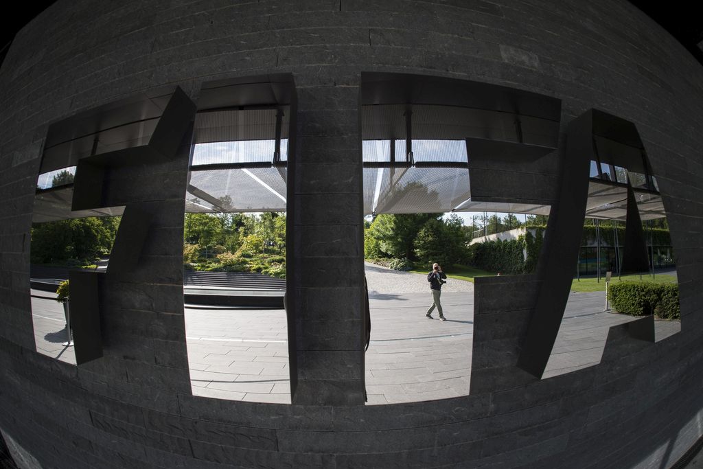 The FIFA logo is pictured prior to a press conference at the FIFA headquarters in Zurich, Switzerland, Tuesday, June 2, 2015. (KEYSTONE/Ennio Leanza)