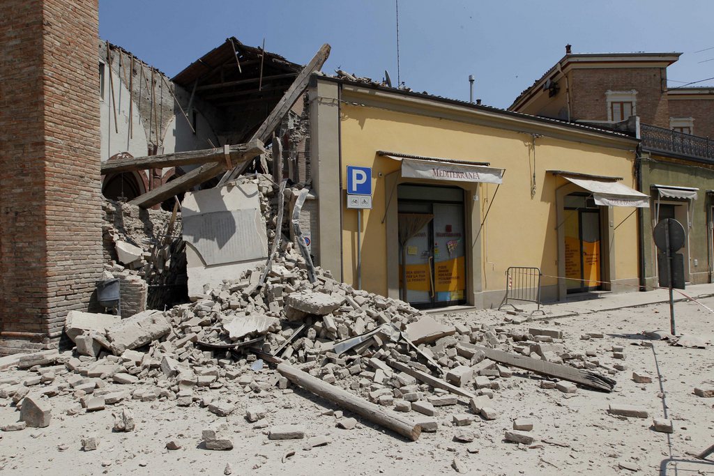 The collapsed San Francesco church is seen in Mirandola, northern Italy, Tuesday, May 29, 2012. A magnitude 5.8 earthquake hit northern Italy on Tuesday, in the same region still struggling to recover from another fatal tremor on May 20. (AP Photo/Luca Bruno)