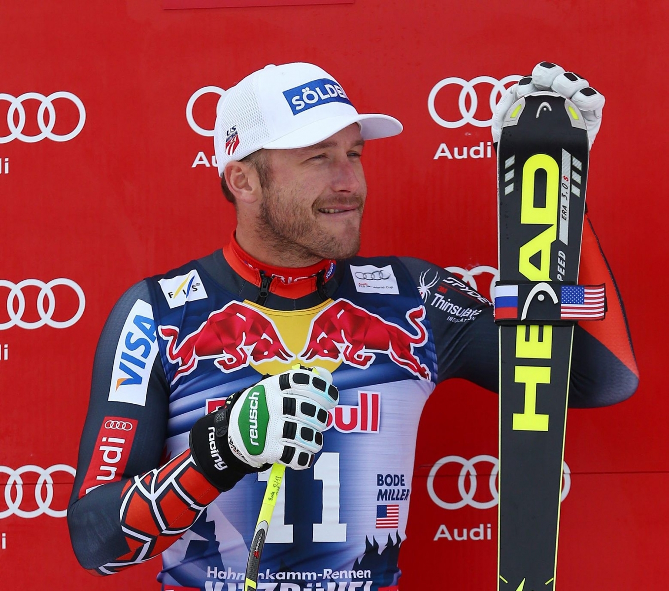 FILE - In this Jan. 25, 2014, file photo, third placed Bode Miller celebrates at the end of an alpine ski, men's World Cup downhill, in Kitzbuehel, Austria. Austrian-based ski manufacturer Head said Monday, Sept. 19, 2016, it has been sued by six-time Olympic medalist Bode Miller, who wants to resume World Cup racing with a different equipment supplier.  (AP Photo/Giovanni Auletta, File) Miller Ski Brands