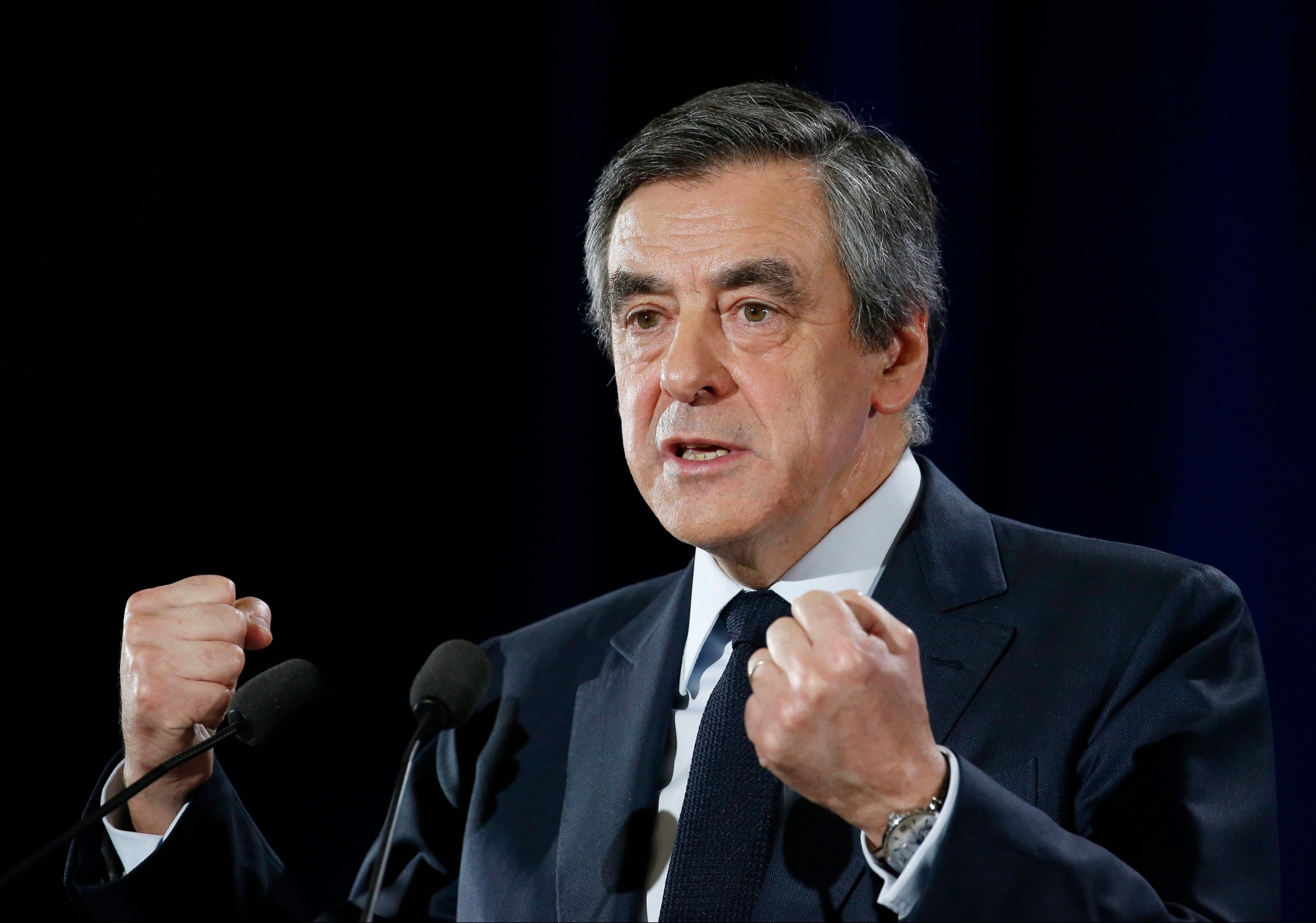 epa05767160 French Prime Minister and Les Republicains political party candidate for the 2017 presidential election Francois Fillon, speaks during a meeting in Charleville-Mezieres, France, 02 February 2017. According to media reports, Fillon has come under pressure to explain the previous employment of his wife Penelope as a parliamentary aide while he was an MP and to give details of her work. He has also been hit by new claims that he also employed his children as 'parliamentary assistants'. French MPs are allowed to employ family members as aides.  EPA/JULIEN WARNAND FRANCE PRESIDENTIAL ELECTIONS CAMPAIGN