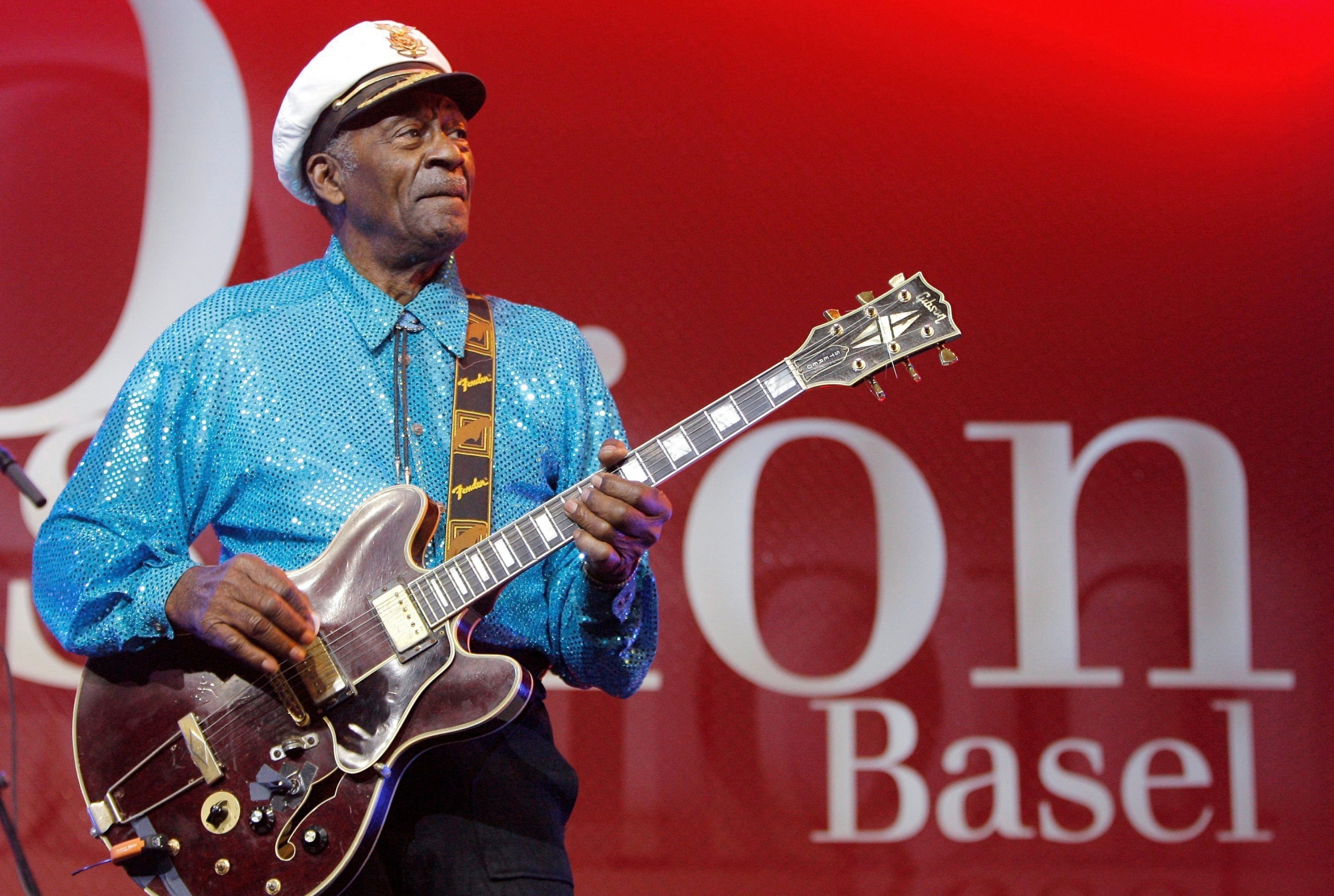 FILE - In this Nov. 13, 2007 file photo, legendary U.S. musician Chuck Berry performs on stage at the Avo Session in Basel, Switzerland. Berry, rock 'n' roll's founding guitar hero and storyteller who defined the music's joy and rebellion in such classics as "Johnny B. Goode," ''Sweet Little Sixteen" and "Roll Over Beethoven," died Saturday, March 18, 2017, at his home west of St. Louis. He was 90. (Peter Klaunzer/Keystone via AP, File) Obit Chuck Berry