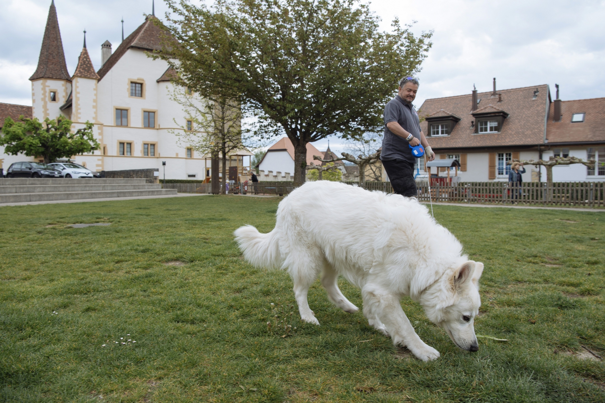 Laurent Richard, propriétaire d'Imi, s'offusque de ne plus pouvoir passer avec son chien sur certaines places herbeuses, telle celle du centre du village.