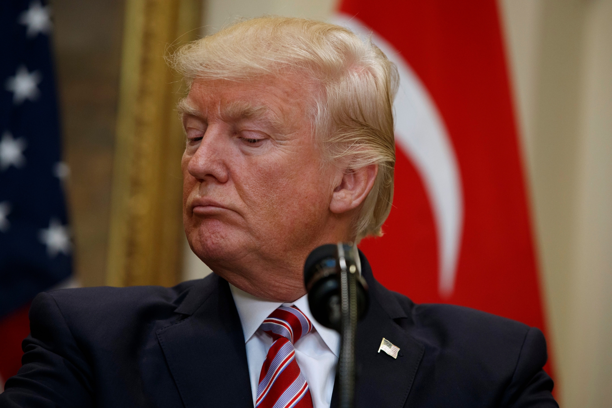 President Donald Trump listens as Turkish President Recep Tayyip Erdogan speaks in the Roosevelt Room of the White House in Washington, Tuesday, May 16, 2017. (AP Photo/Evan Vucci) Trump US Turkey