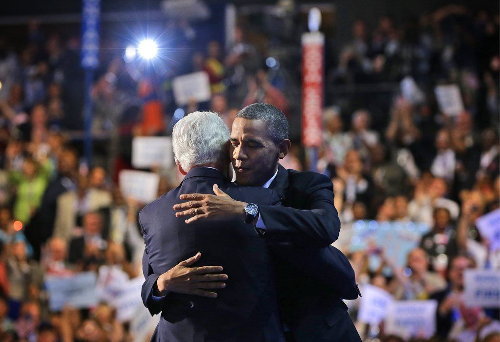 President Barack Obama hugs former President Bill Clinton on stage at the Democratic National Convention, Wednesday, Sept. 5, 2012, in Charlotte, N.C. (AP Photo/Pablo Martinez Monsivais)