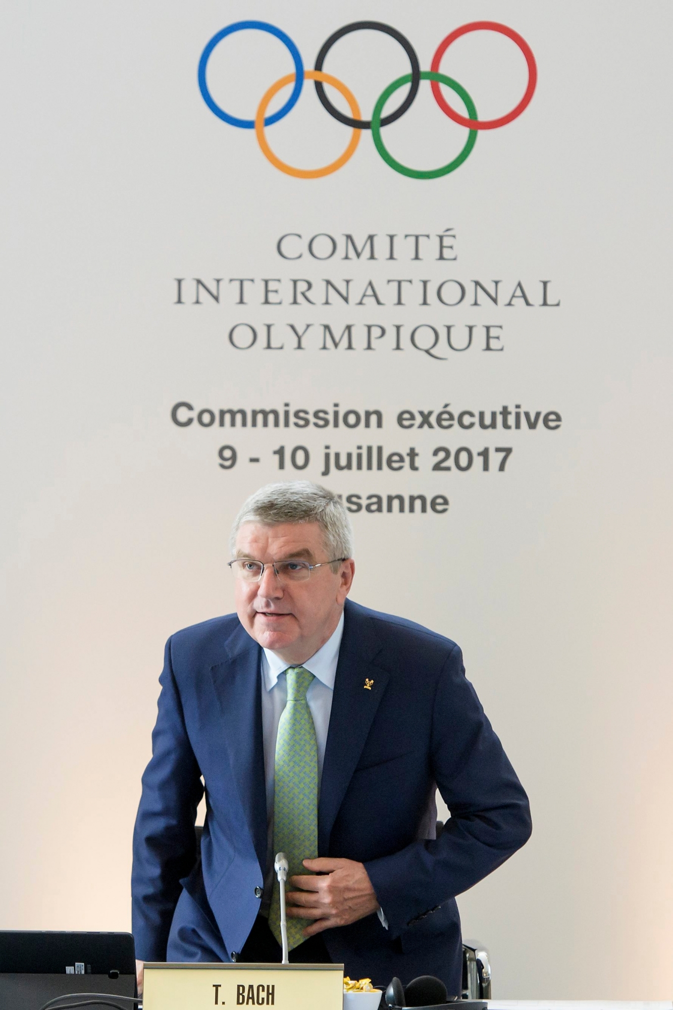 International Olympic Committee, IOC, President Thomas Bach from Germany arrives for the opening of the IOC executive board meeting in Lausanne, Switzerland, Switzerland, Sunday, July 9, 2017. (Jean-Christophe Bott/Keystone via AP) Switzerland IOC Executive Board Meeting