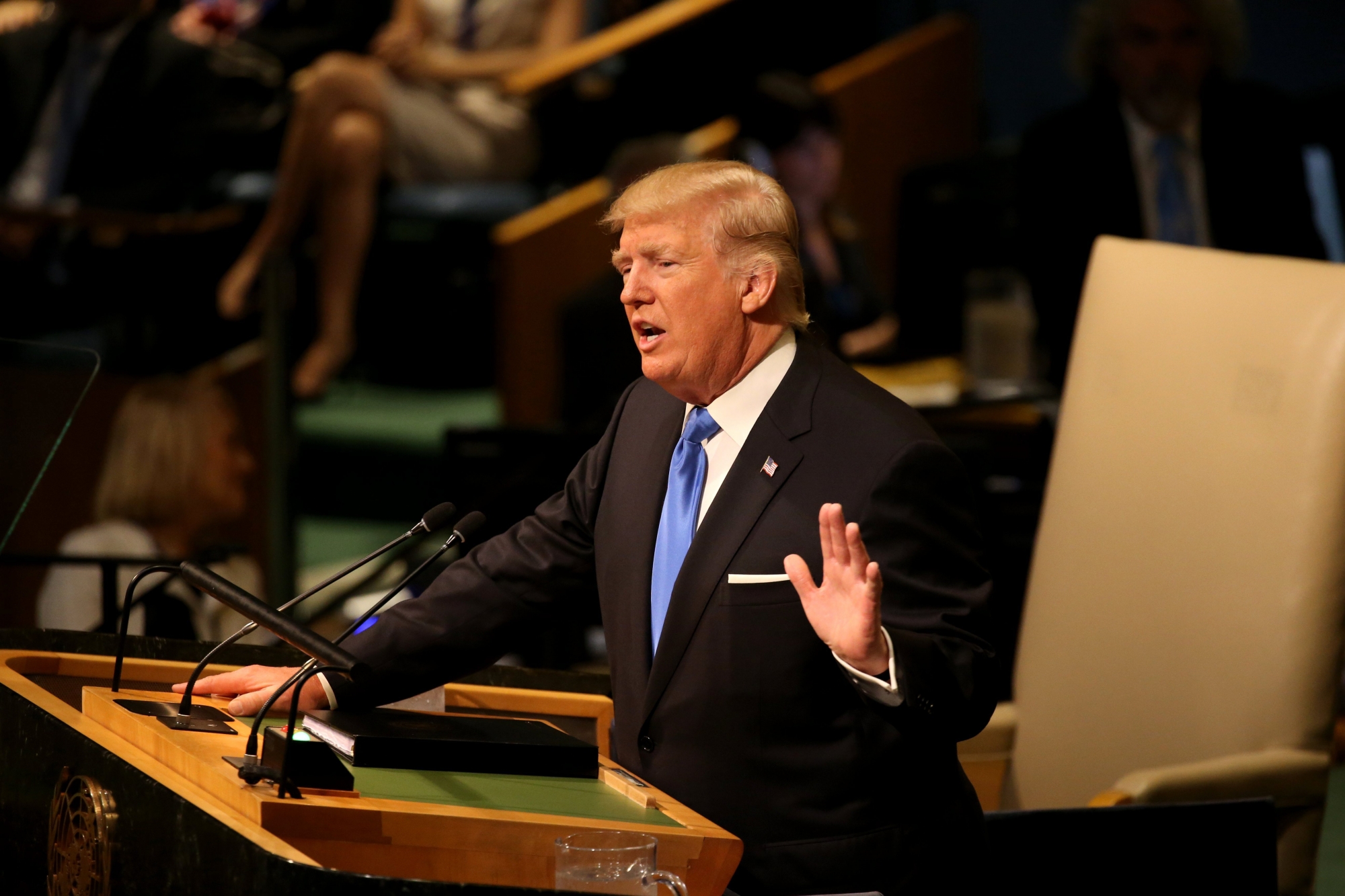 epa06213785 US President Donald J. Trump addresses the audience during the opening of the General Debate of the 72nd United Nations General Assembly at at UN headquarters in New York, New York, USA, 19 September 2017. The annual gathering of world leaders formally opens 19 September 2017, with the theme, 'Focusing on People: Striving for Peace and a Decent Life for All on a Sustainable Planet.'  EPA/PETER FOLEY USA UN GENERAL ASSEMBLY