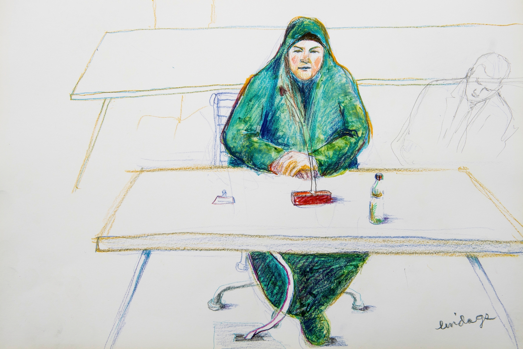 GERICHTSZEICHNUNG - Eine mutmassliche Dschihad-Reisende vor dem Bundesstrafgericht in Bellinzona, am Freitag, 15. Dezember 2017. Die 31-jaehrige Frau wollte sich im Januar 2016 mit ihrem vierjaehrigen Sohn der Terrormiliz IS in Syrien anschliessen. Wann das Urteil fallen wird, ist noch offen.(KEYSTONE/Zeichnung/Linda Graedel) SCHWEIZ PROZESS DSCHIHADREISENDE