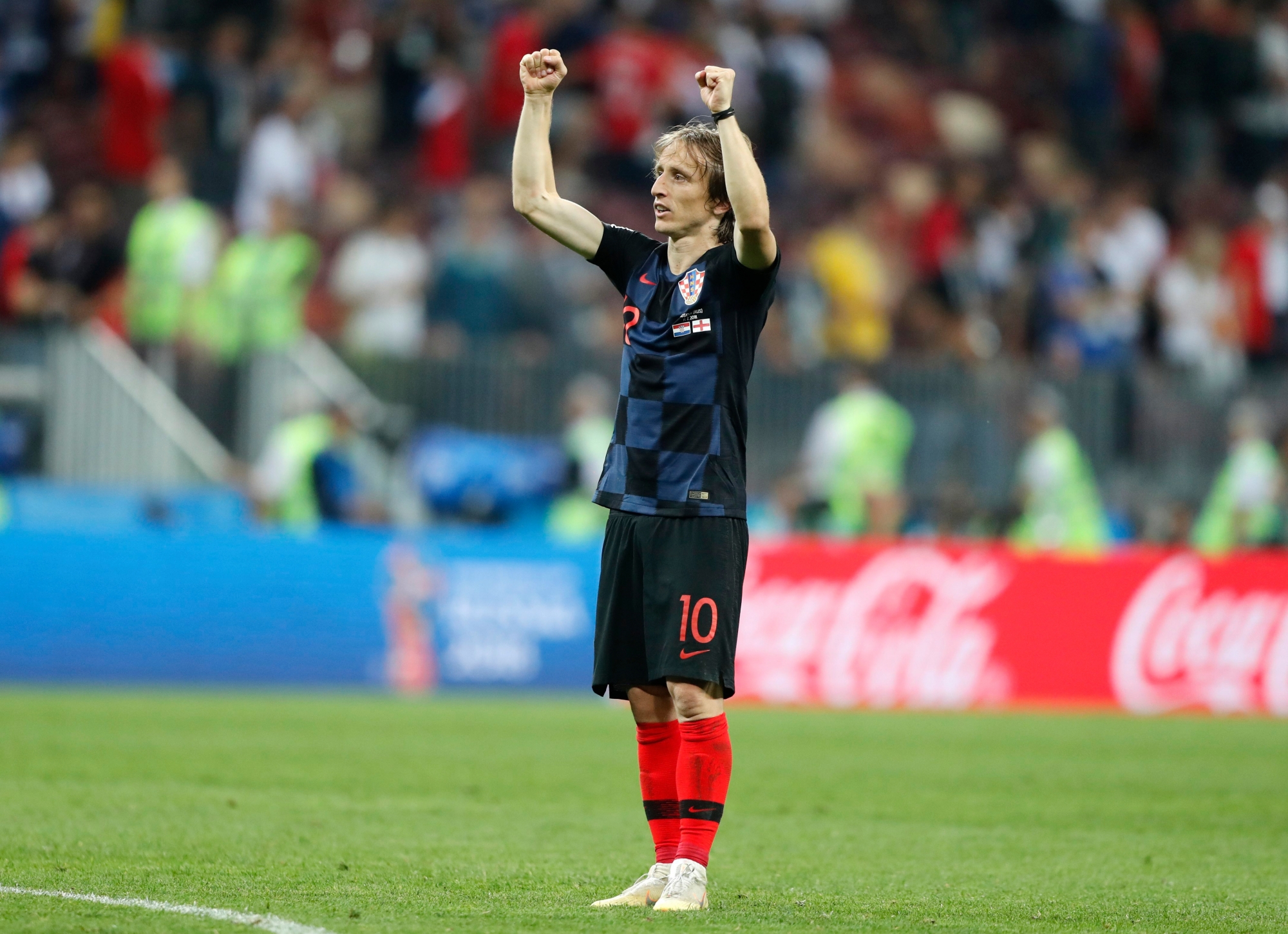 Croatia's Luka Modric celebrates after his team advanced to the final during the semifinal match between Croatia and England at the 2018 soccer World Cup in the Luzhniki Stadium in Moscow, Russia, Wednesday, July 11, 2018. (AP Photo/Frank Augstein) Russia Soccer WCup Croatia England