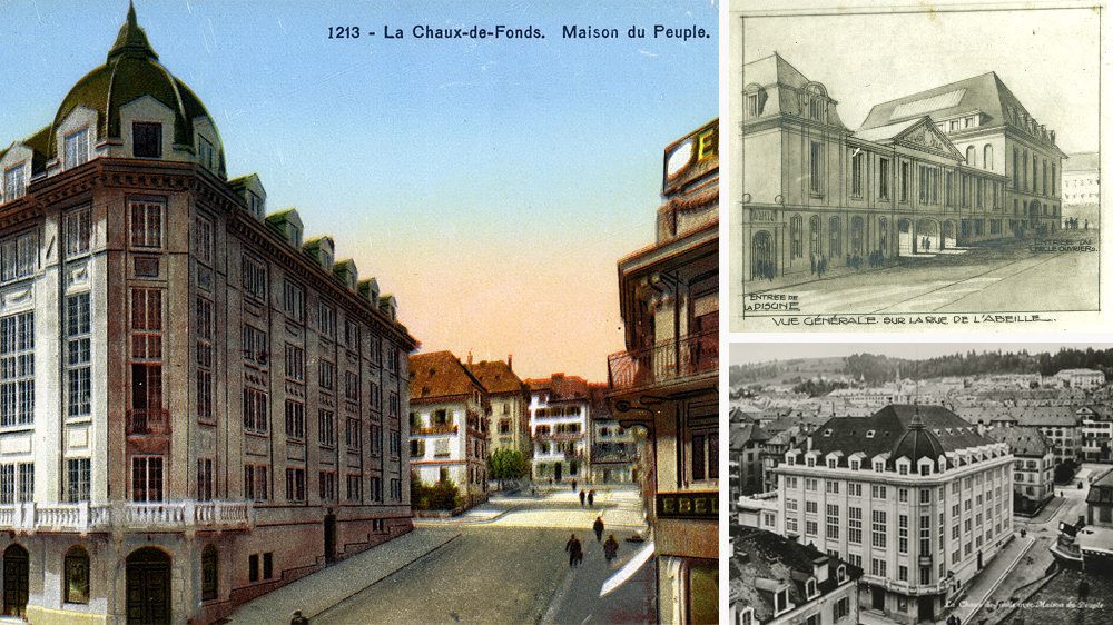 La Maison du peuple de La Chaux-de-Fonds sur cartes postales des années 1930. En haut à droite, un des projets abandonnés dessinés vers 1910. 