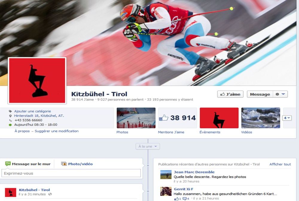Seule présence suisse dans ce classement Facebook: Didier Cuche sur la page d'accueil de Kitzbuehel! 