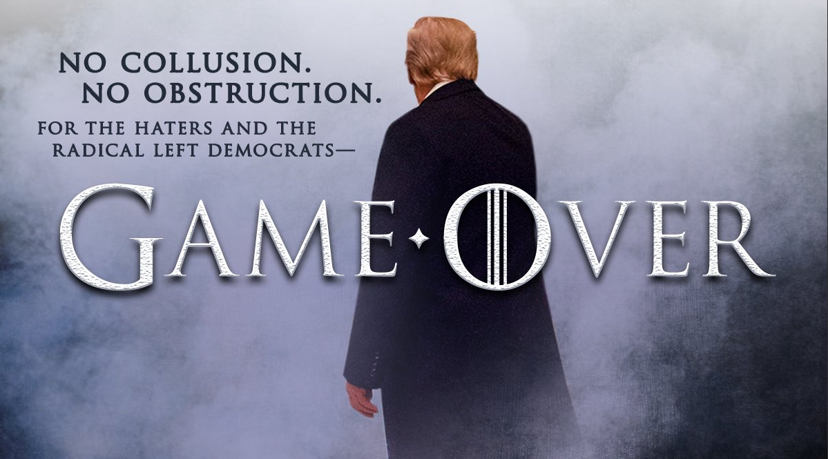 Après que le ministre de la Justice l'a blanchi de toute collusion avec la Russie, Donald Trump a publié cette affiche détournée de Game of Thrones sur Twitter.