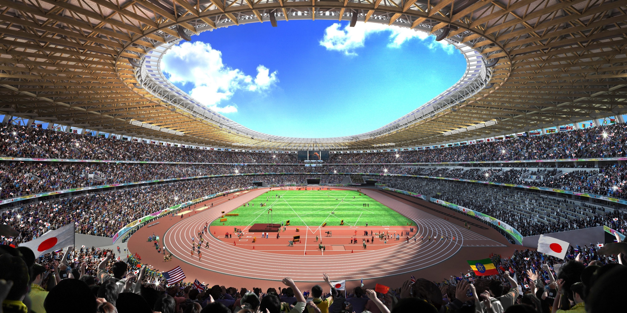 epa05078760 An artistic concept image released on 22 December 2015 shows the interior of the new designed main stadium for the 2020 Tokyo Olympics in Tokyo, Japan. Japan on 22 December 2015 selected the new design for the main stadium for the 2020 Tokyo Olympics five months after Prime Minister Shinzo Abe scrapped a controversial, earlier plan due to a surging cost. A government panel has picked the new design by award-winning Japanese architect Kengo Kuma and his plan will incur a total construction cost of 149 billion yen (1.2 billion dollars), compared with 265 billion yen for a cancelled previous design by Iraqi-British architect Zaha Hadid. The project will be led by Japanese major construction company Taisei, which won the bid to build the main venue of the Tokyo Games, the panel said.  EPA/JAPAN SPORT COUNCIL  HANDOUT EDITORIAL USE ONLY/NO SALES JAPAN OLYMPICS TOKYO STADIUM