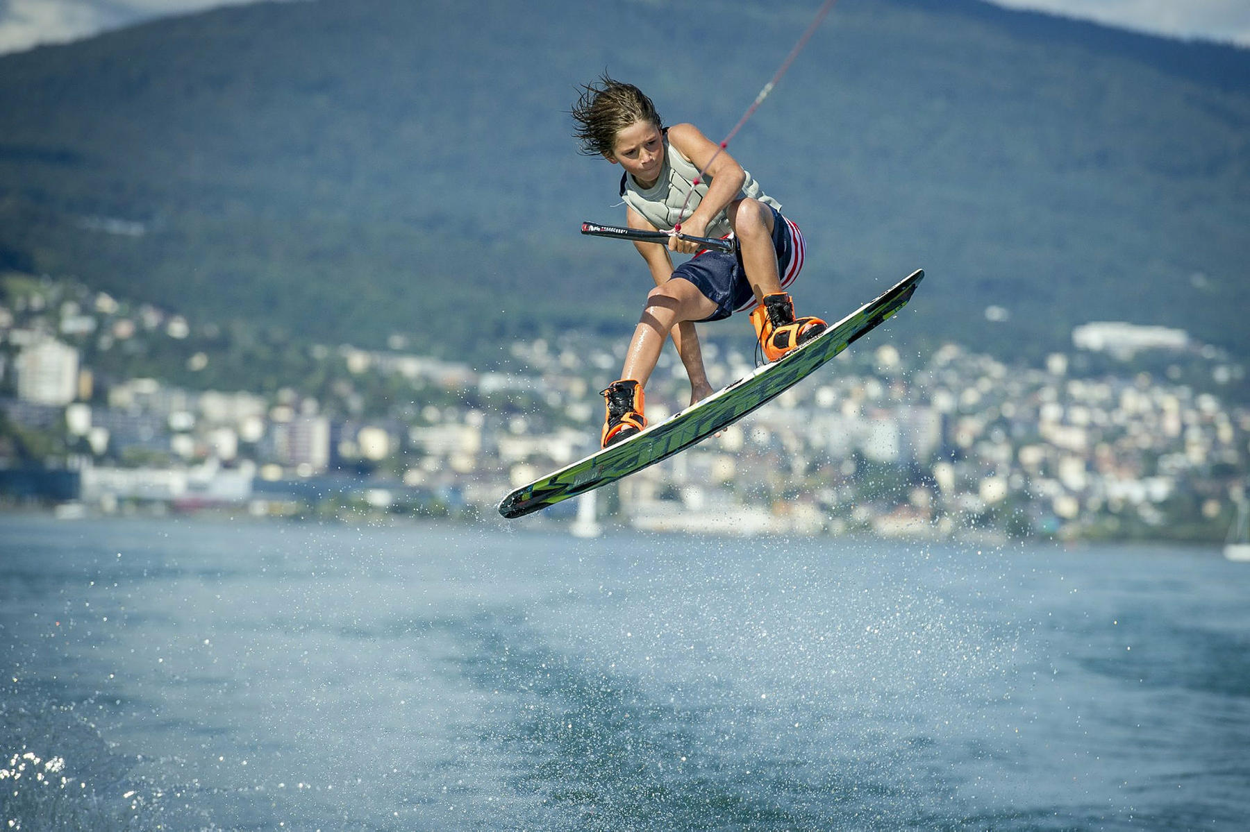 Championnat suisse de wakeboard aux Bains des Dames  Jamie Huser (9 ans)    Neuchatel, 30 aout 2014. Photo : Lucas Vuitel