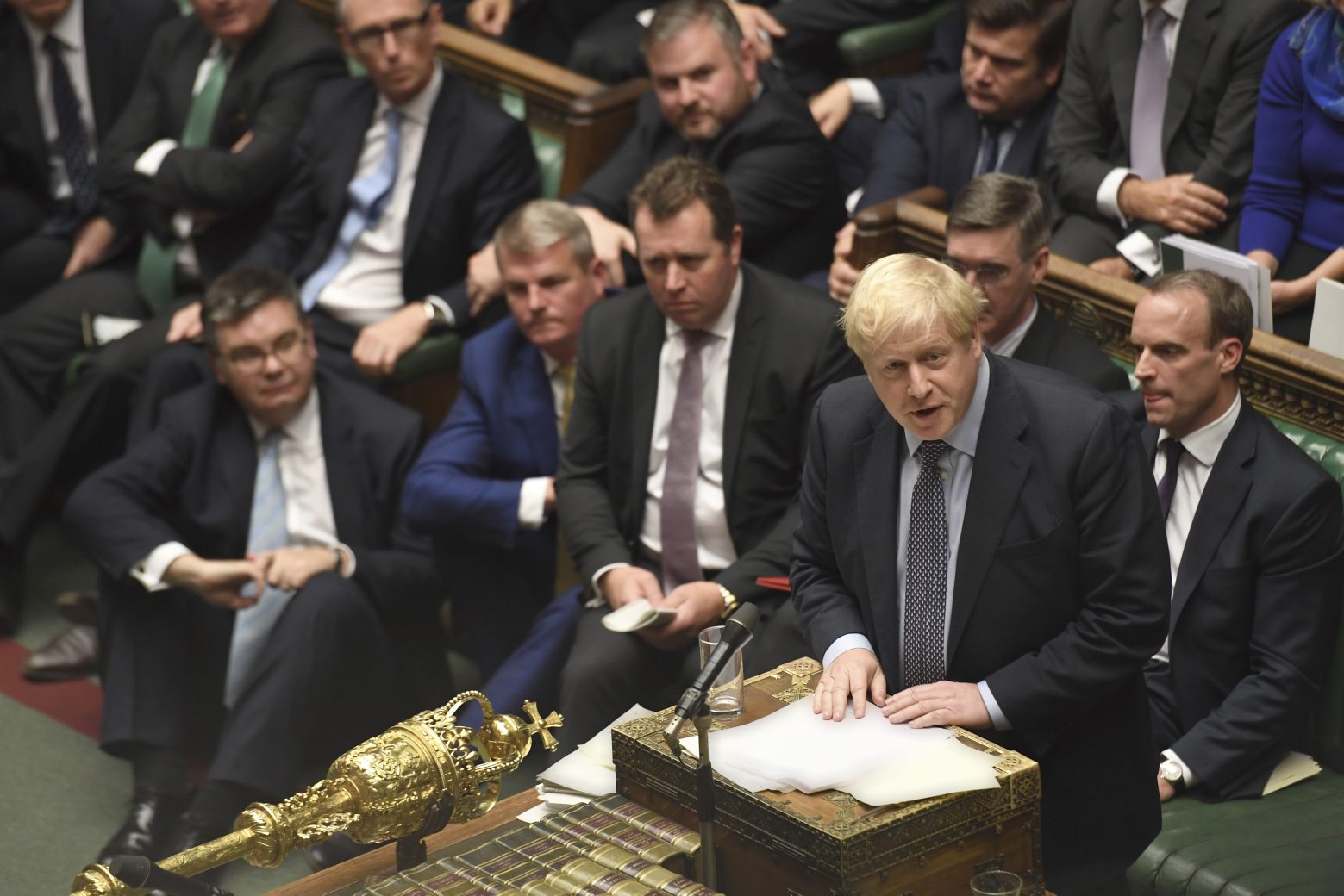 Britain's Prime Minister Boris Johnson speaks during the Brexit debate inside the House of Commons in London Saturday Oct. 19, 2019. At the rare weekend sitting of Parliament, Prime Minister Boris Johnson implored legislators to ratify the Brexit deal he struck this week with the other 27 EU leaders. Lawmakers voted Saturday in favour of the 'Letwin Amendment', which seeks to avoid a no-deal Brexit on October 31. (Jessica Taylor/House of Commons via AP) Britain Brexit