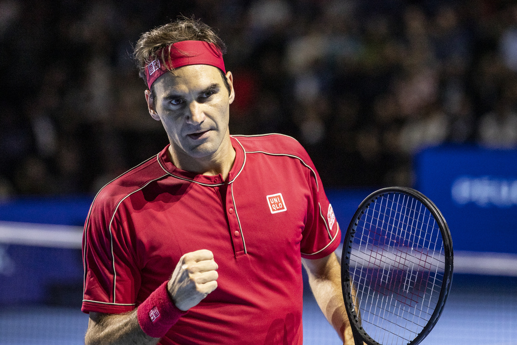 Roger Federer of Switzerland reacts during the semifinal match against Stefanos Tsitsipas of Greece at the Swiss Indoors tennis tournament at the St. Jakobshalle in Basel, Switzerland, on Saturday, October 26, 2019. (KEYSTONE/Alexandra Wey)