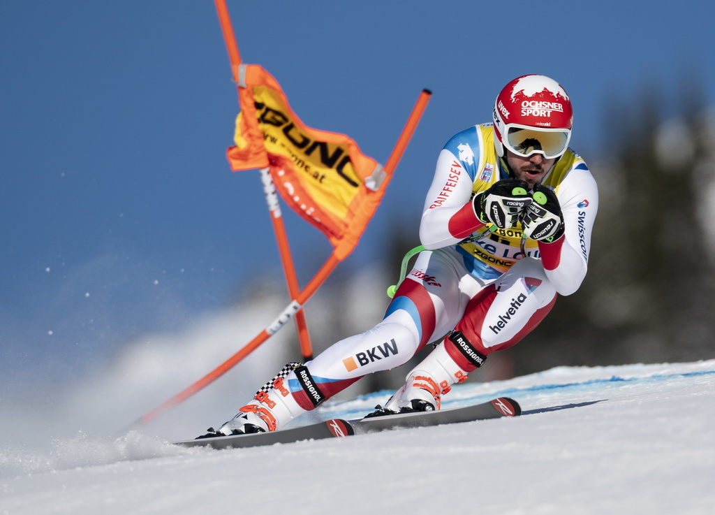 Carlo Janka, of Switzerland, races down the course during a training run for the men's World Cup downhill ski race in Lake Louise, Alberta, Canada, on Friday, Nov. 29, 2019. (Frank Gunn/The Canadian Press via AP)