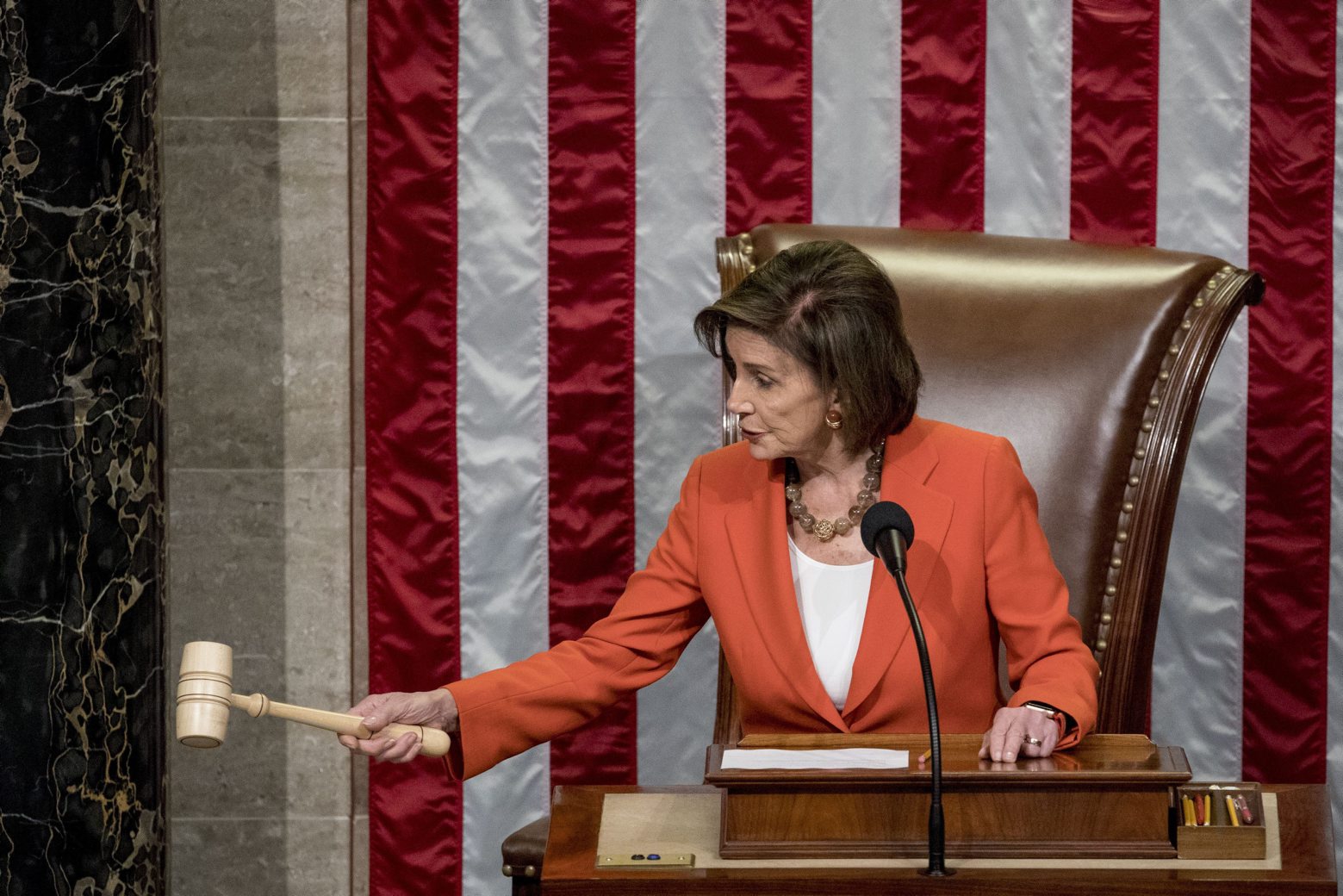 House Speaker Nancy Pelosi of Calif. gavels as the House votes 232-196 to pass resolution on impeachment procedure to move forward into the next phase of the impeachment inquiry into President Trump in the House Chamber on Capitol Hill in Washington, Thursday, Oct. 31, 2019. The resolution would authorize the next stage of impeachment inquiry into President Donald Trump, including establishing the format for open hearings, giving the House Committee on the Judiciary the final recommendation on impeachment, and allowing President Trump and his lawyers to attend events and question witnesses. (AP Photo/Andrew Harnik)
Nancy Pelosi Trump Impeachment Resolution