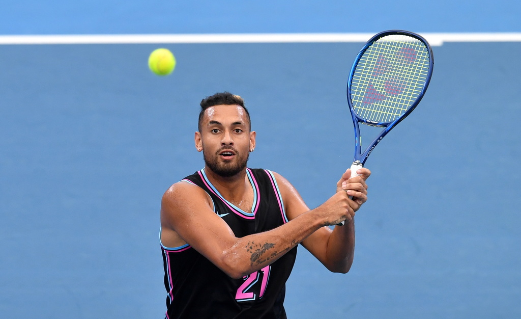 epa08097063 Nick Kyrgios of Australia takes part in a practice session at the Queensland Tennis Centre in Brisbane, Australia, 01 January 2020. EPA/DARREN ENGLAND AUSTRALIA AND NEW ZEALAND OUT