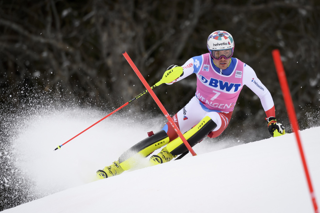Switzerland's Daniel Yule in action during the second run of the men's slalom race at the Alpine Skiing FIS Ski World Cup in Wengen, Switzerland, Sunday, January 19, 2020. (KEYSTONE/Anthony Anex)