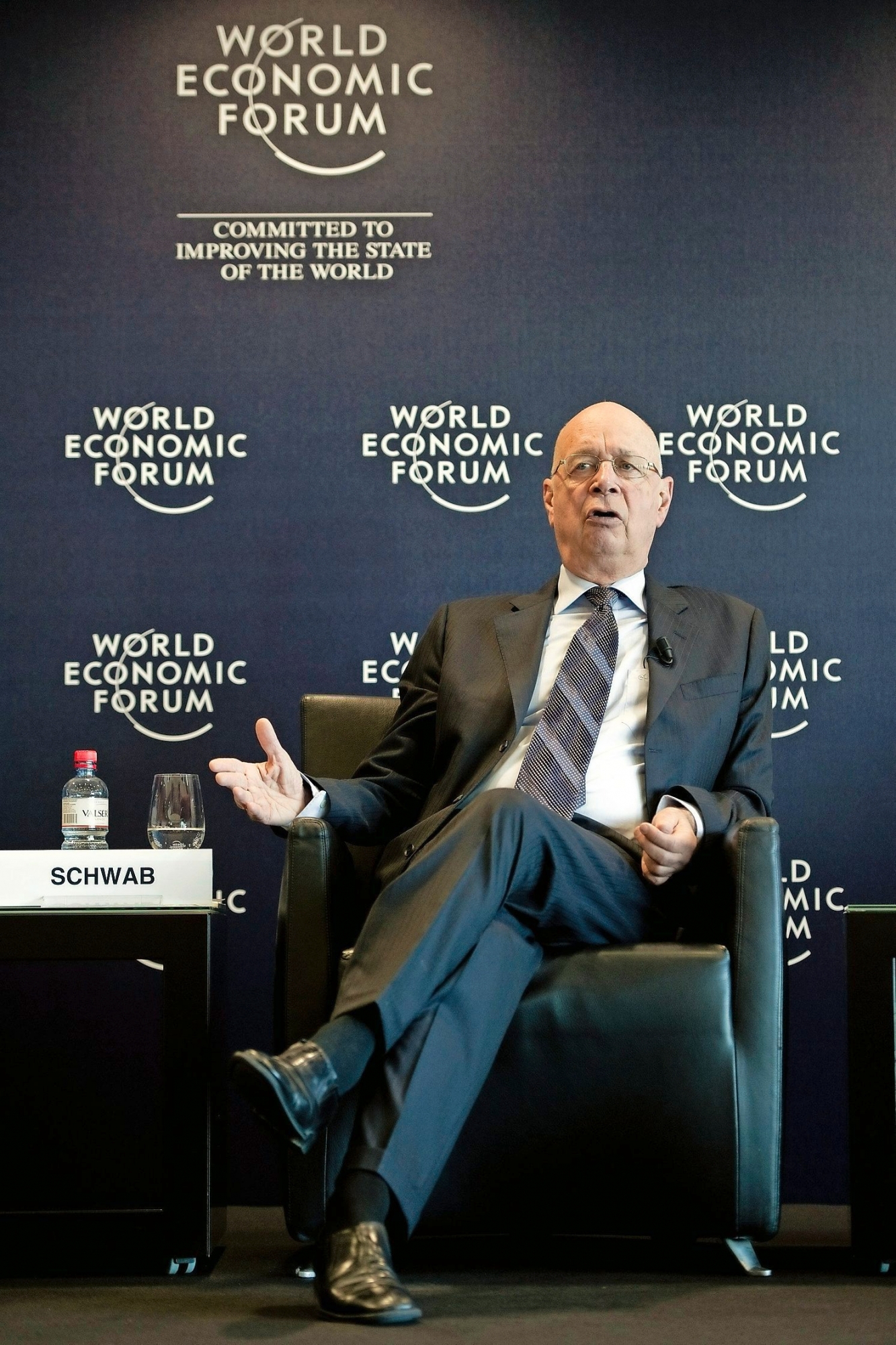 Swiss Klaus Schwab, founder and president of the World Economic Forum WEF, gestures during a press conference, in Cologny near Geneva, Switzerland, Wednesday, January 19, 2011, where he talked about the upcoming WEF taking place in Davos, Switzerland, from January 26 to 30. (KEYSTONE/Jean-Christophe Bott) SCHWEIZ WEF 2011